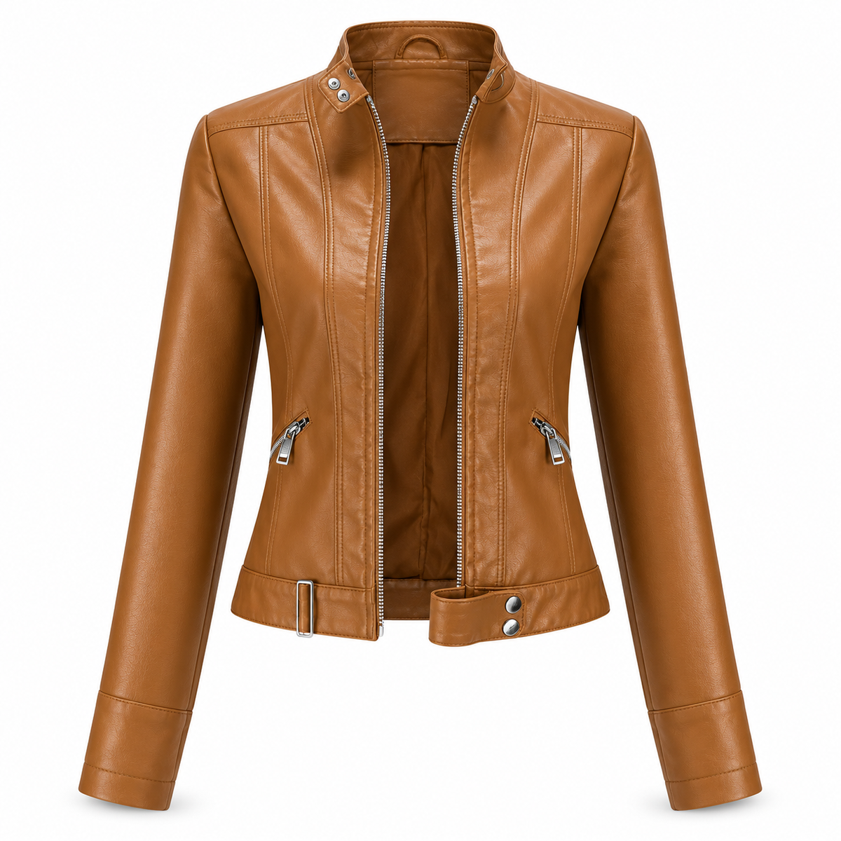 Clementine™ Damenjacke – Stilvolle Kunstlederjacke mit Taillengürtel & Stehkragen | Eleganter Slim Fit Look