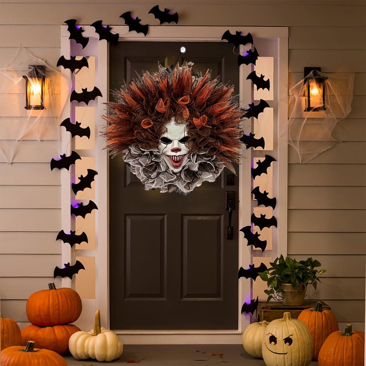 Scary Clown Mesh Wreath™ – Gruseliger Halloween-Türkranz mit Horror-Clown für Haustür & Party