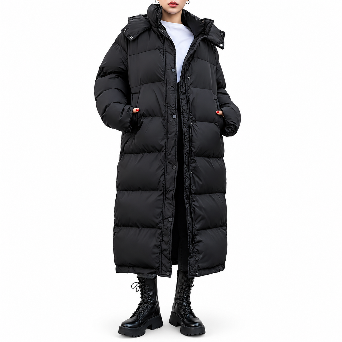 Nivara™ Damen Pufferjacke – Lange Winterjacke in Schwarz mit Kapuze & Wärmeisolierung