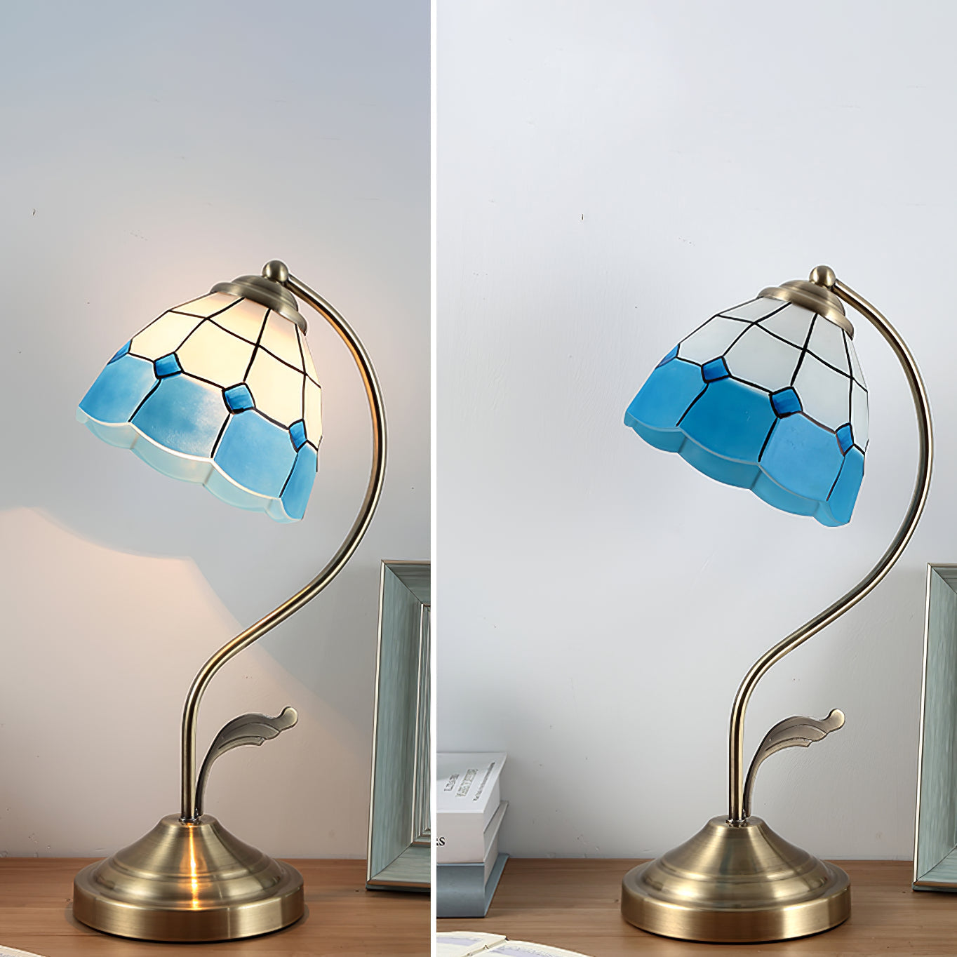 LuxePetal™ Tischlampe – Elegante Blumen-Designlampe aus Glas in Weiß & Blau mit Gold-Finish