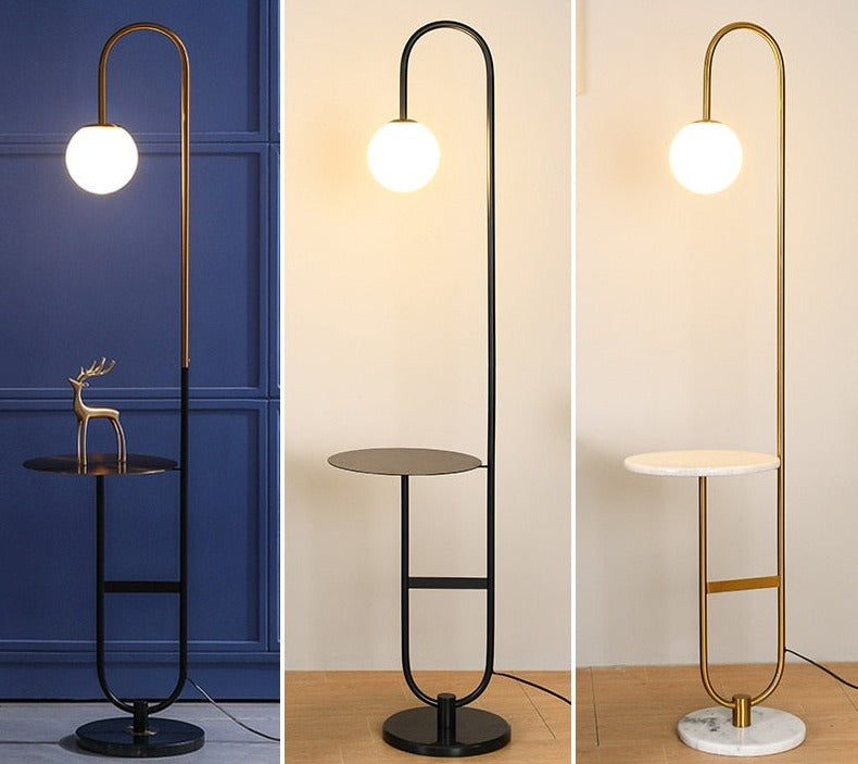 NordicGlow™ – Skandinavische Stehlampe mit integriertem Beistelltisch & LED-Dimmfunktion