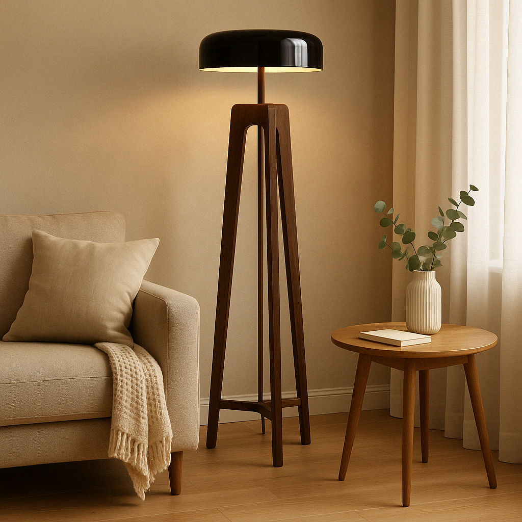 SkandiGlow™ Scandinavian Floor Lamp – Minimalistische Tripod-Stehlampe aus Walnussholz