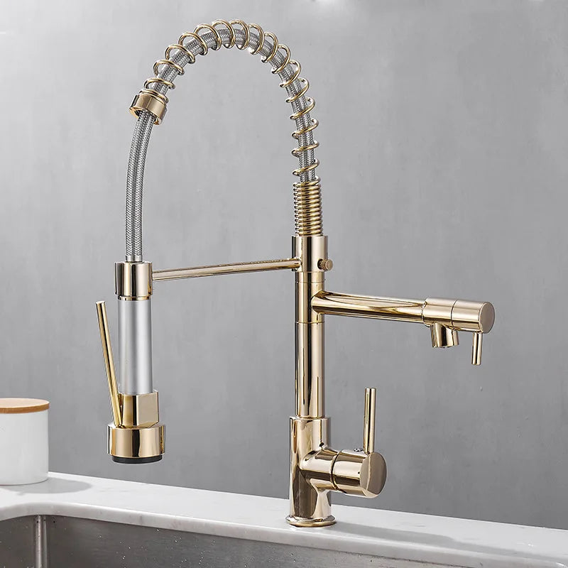 FlowTwin™ Küchenarmatur Schwarz-Gold – Premium Doppel-Auslass Wasserhahn, Messing, Federdesign, 35 cm
