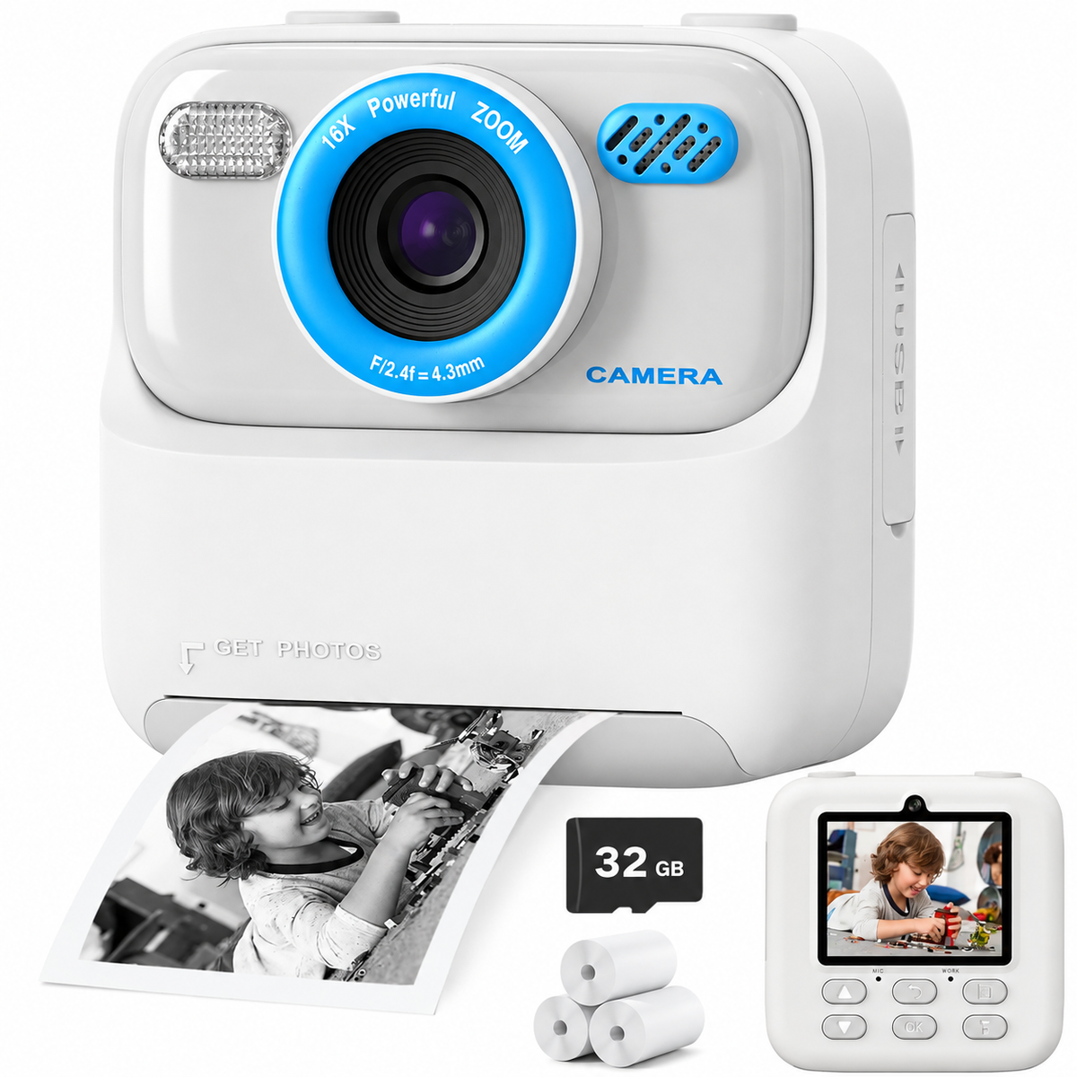 SnapJoy™ Sofortbild Kinderkamera – 1080P HD Selfie Kamera, Sofortdruck, 32GB Speicherkarte