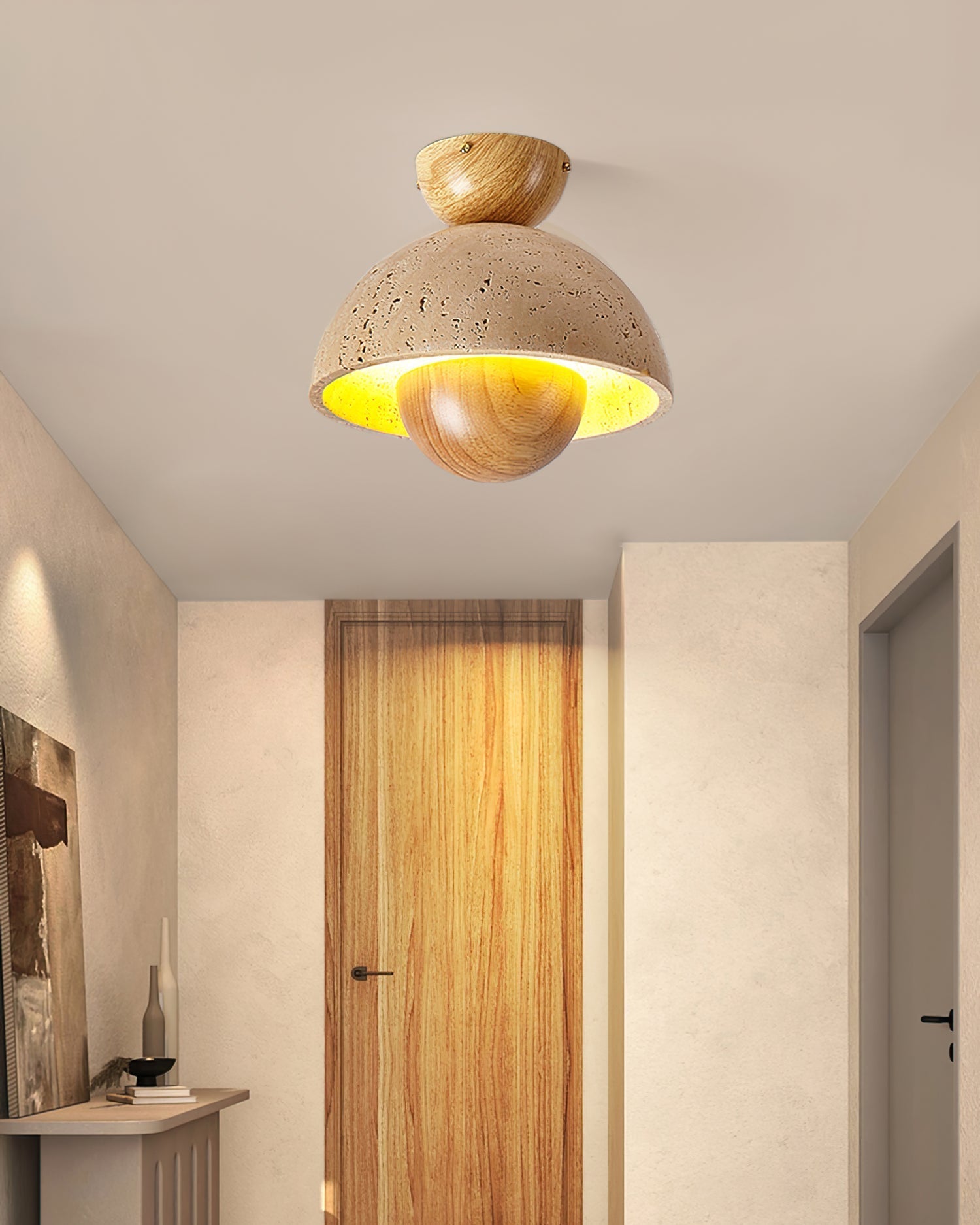 SkylineLuxe™ Deckenleuchte – Elegante LED-Deckenlampe aus Travertin & Holz (warmweiß)