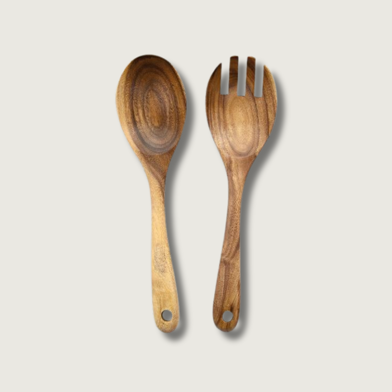 WoodenToss™ Salatbesteck Set – Rustikales Holz-Servierbesteck (2-teilig: Löffel & Gabel)