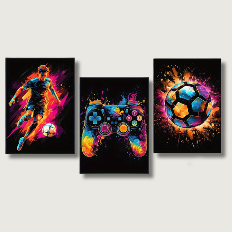 PixelPower™ Leinwand Poster Set – Modernes 3-teiliges Gaming & Fußball Wandbild (Canvas)