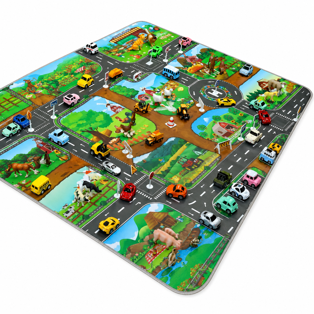 VibrantPlay™ Kinder Spielteppich – Wende-Spielmatte Farm & Verkehr, 130×100 cm, Waschbar & Rutschfest