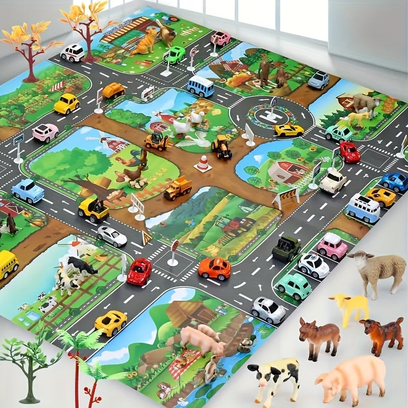 VibrantPlay™ Kinder Spielteppich – Wende-Spielmatte Farm & Verkehr, 130×100 cm, Waschbar & Rutschfest