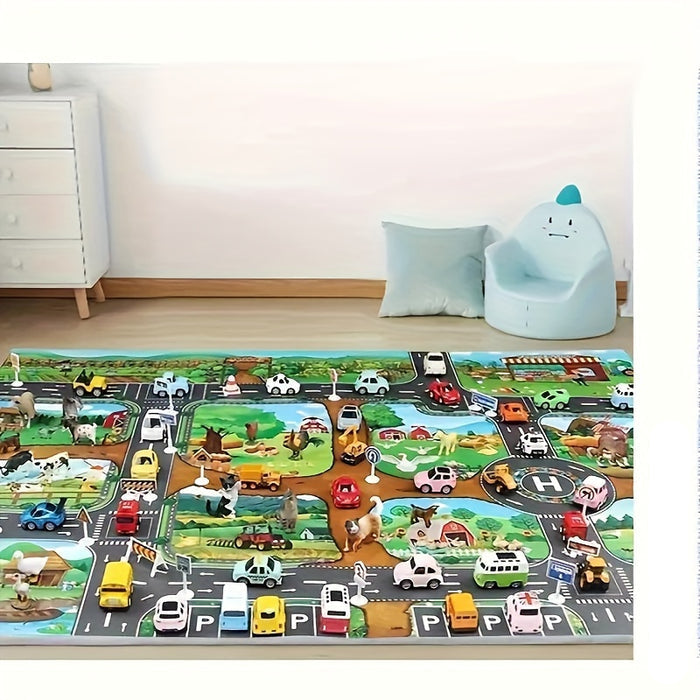 VibrantPlay™ Kinder Spielteppich – Wende-Spielmatte Farm & Verkehr, 130×100 cm, Waschbar & Rutschfest