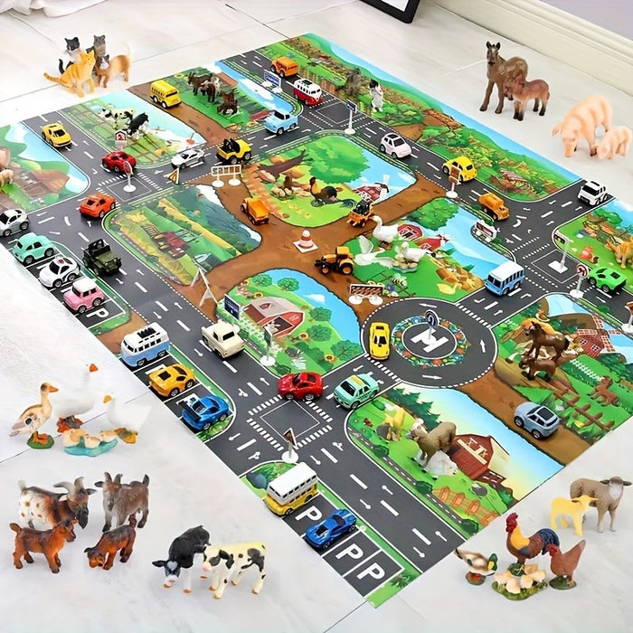 VibrantPlay™ Kinder Spielteppich – Wende-Spielmatte Farm & Verkehr, 130×100 cm, Waschbar & Rutschfest