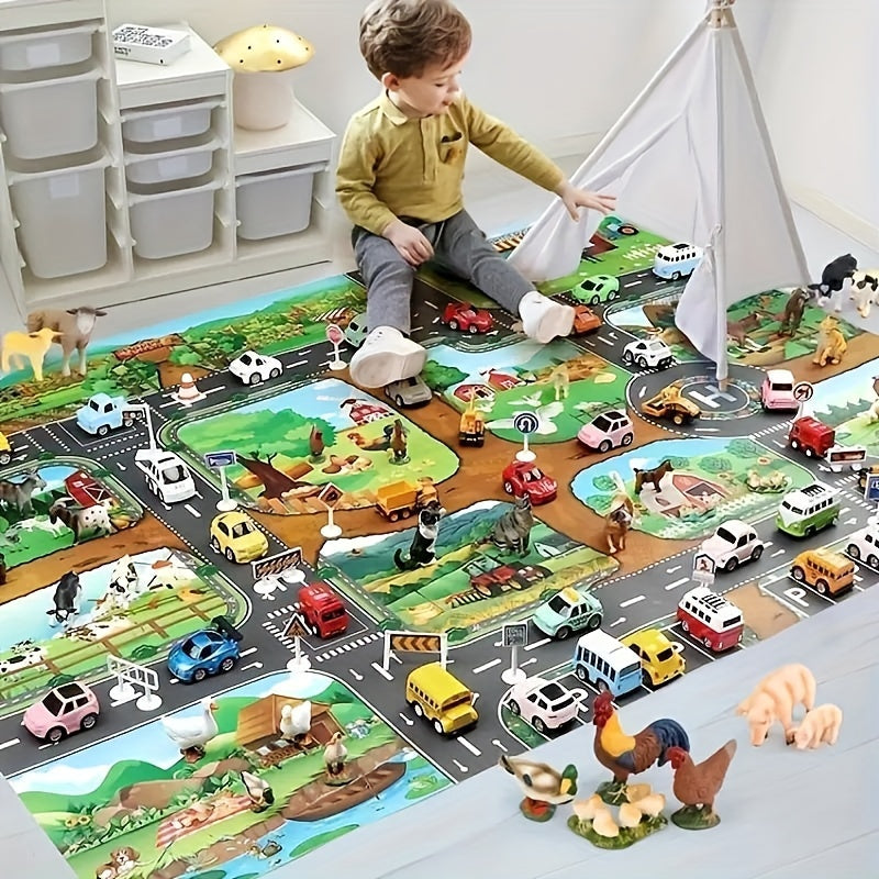 VibrantPlay™ Kinder Spielteppich – Wende-Spielmatte Farm & Verkehr, 130×100 cm, Waschbar & Rutschfest