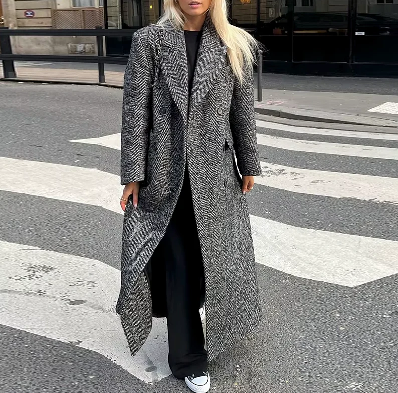 Damen Wollmantel mit Fischgrätenmuster – Doppelreiher, Figurbetonter Wintermantel Elegante Mode