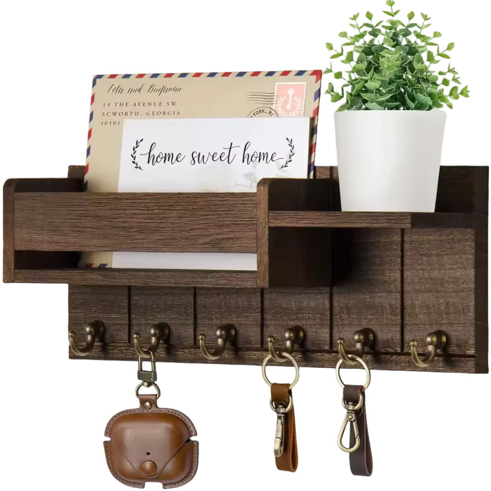 WoodCraft™ – Wandorganizer aus Massivholz mit Ablage & 6 Haken für Schlüssel & Post