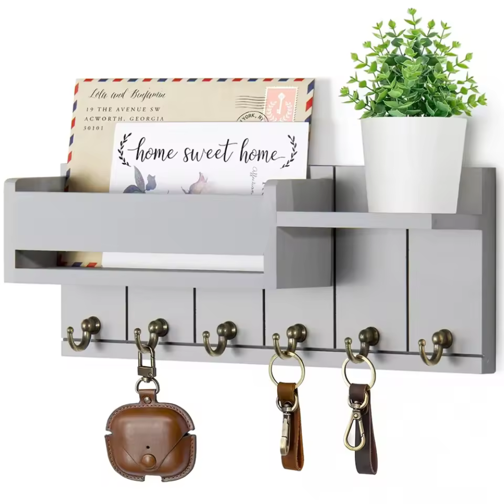 WoodCraft™ – Wandorganizer aus Massivholz mit Ablage & 6 Haken für Schlüssel & Post