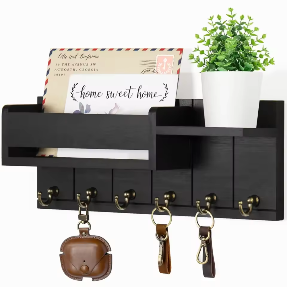 WoodCraft™ – Wandorganizer aus Massivholz mit Ablage & 6 Haken für Schlüssel & Post