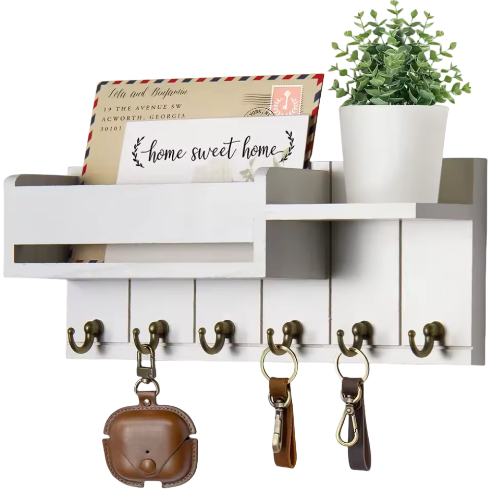 WoodCraft™ – Wandorganizer aus Massivholz mit Ablage & 6 Haken für Schlüssel & Post