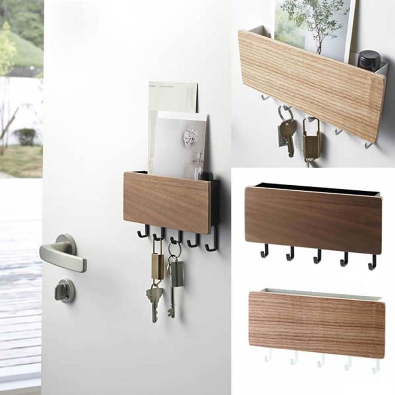 WoodenElegance™ – Stilvolle Schlüsselhalter-Wandablage aus Holz mit farbigen Haken