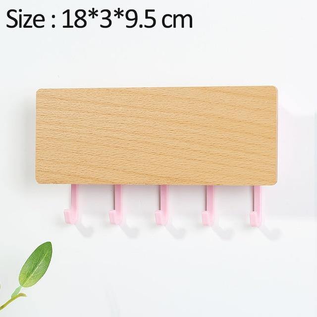 WoodenElegance™ – Stilvolle Schlüsselhalter-Wandablage aus Holz mit farbigen Haken