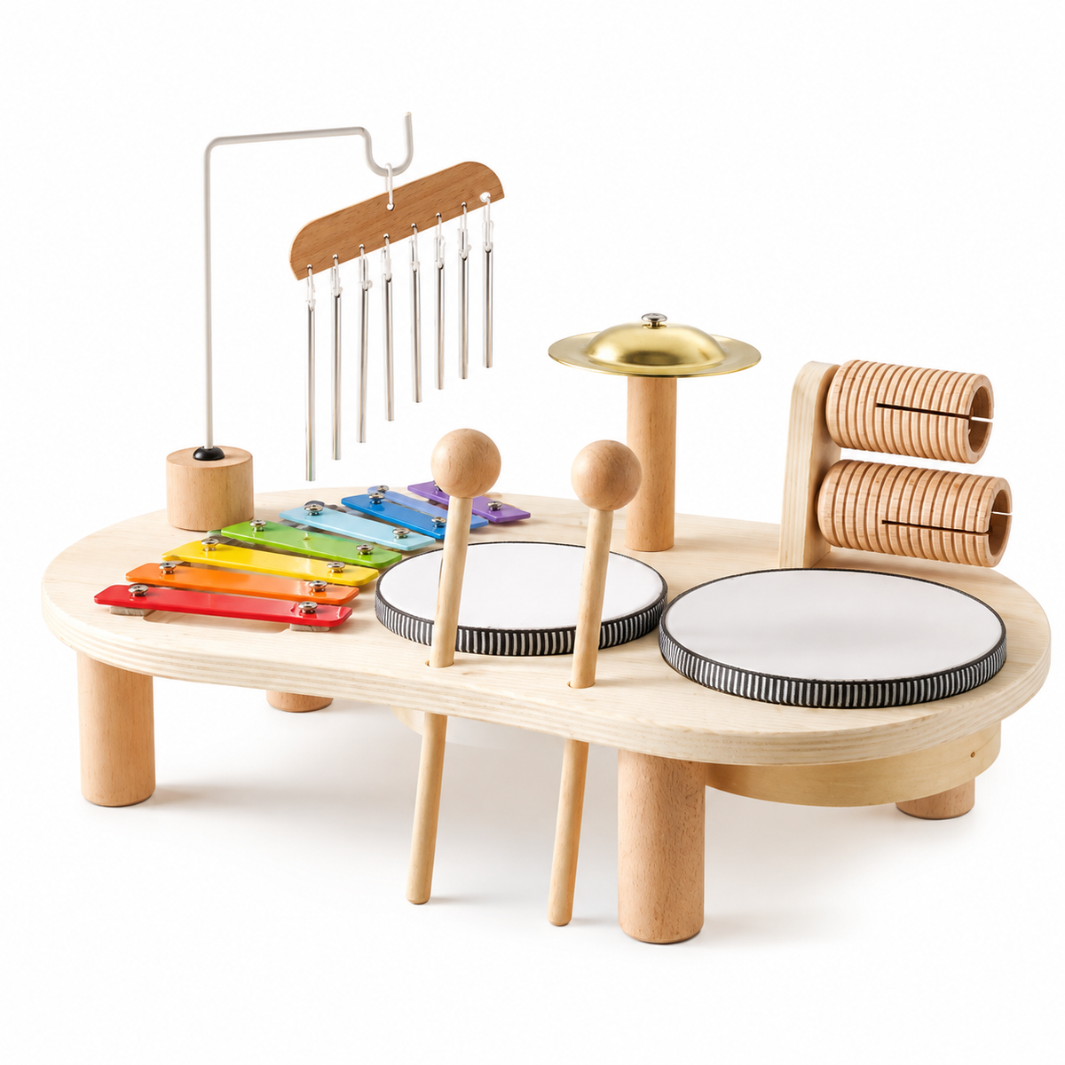 Wooden Music Table™ – Pädagogischer Musik-Spieltisch aus Holz für Kinder mit Trommeln, Xylophon & Rasseln