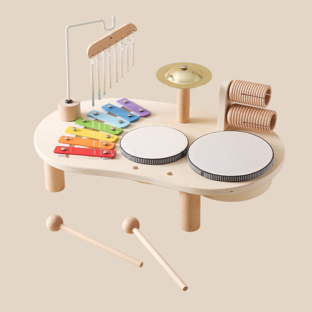Wooden Music Table™ – Pädagogischer Musik-Spieltisch aus Holz für Kinder mit Trommeln, Xylophon & Rasseln