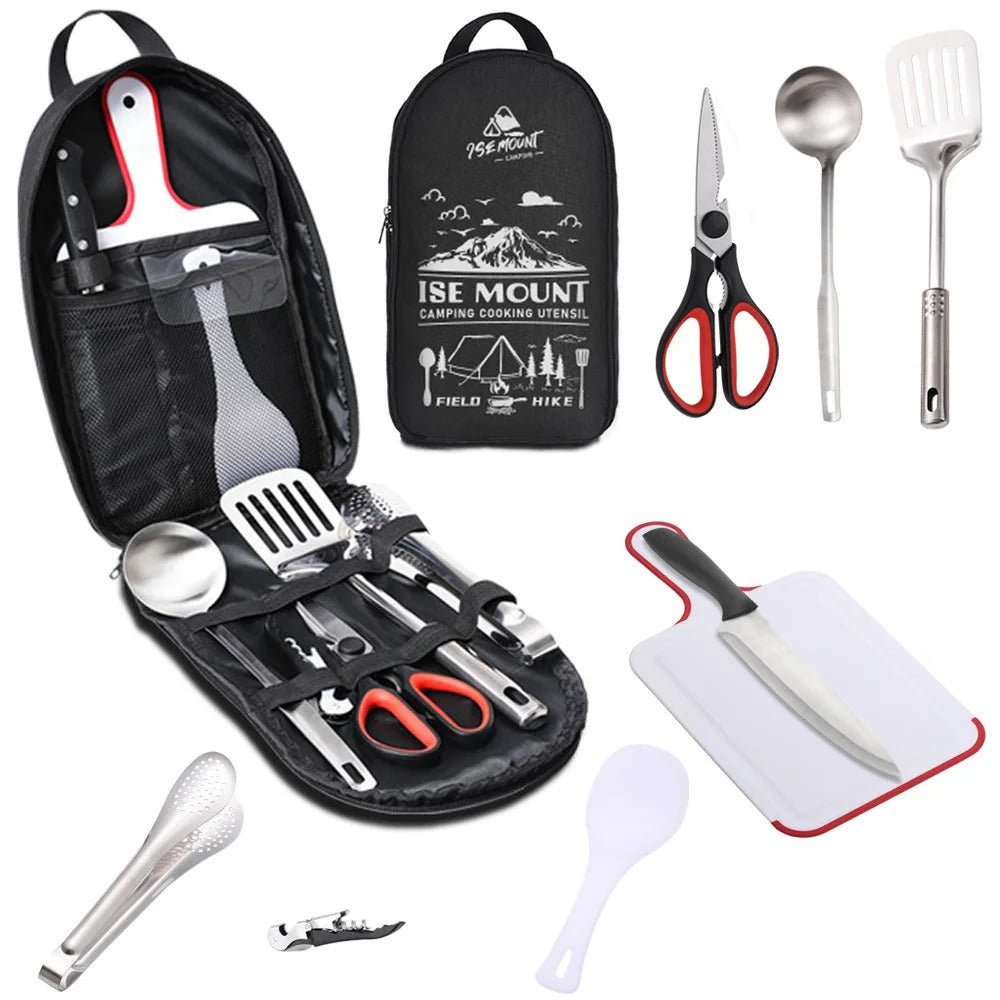 9 - teiliges Camping Kochset – Tragbares Edelstahl Campinggeschirr Set mit Besteck & Tasche - Less Goods