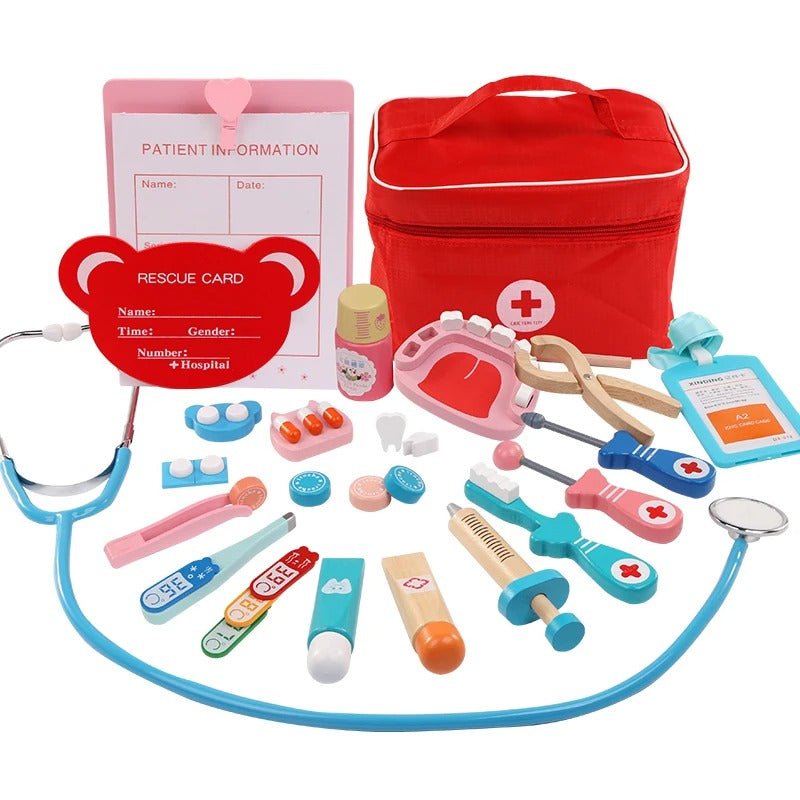 (24 - tlg. Set) Holz Kinder Spielzeug Zahnarzt Koffer Doktor Zubehör Lern Spielset mit Stethoskop / Thermometer / Spritze - Less Goods