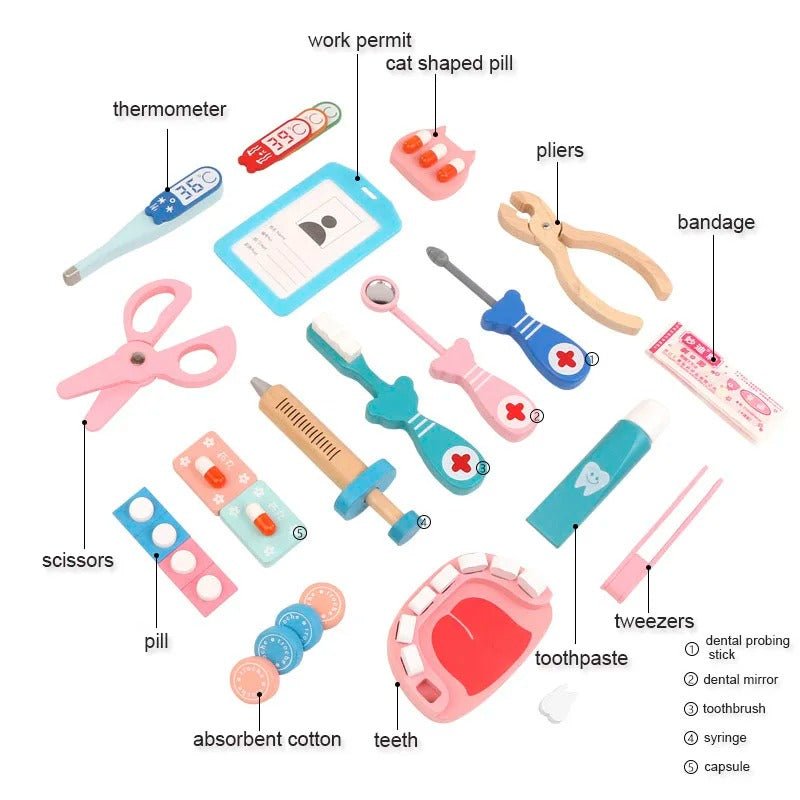 (24 - tlg. Set) Holz Kinder Spielzeug Zahnarzt Koffer Doktor Zubehör Lern Spielset mit Stethoskop / Thermometer / Spritze - Less Goods