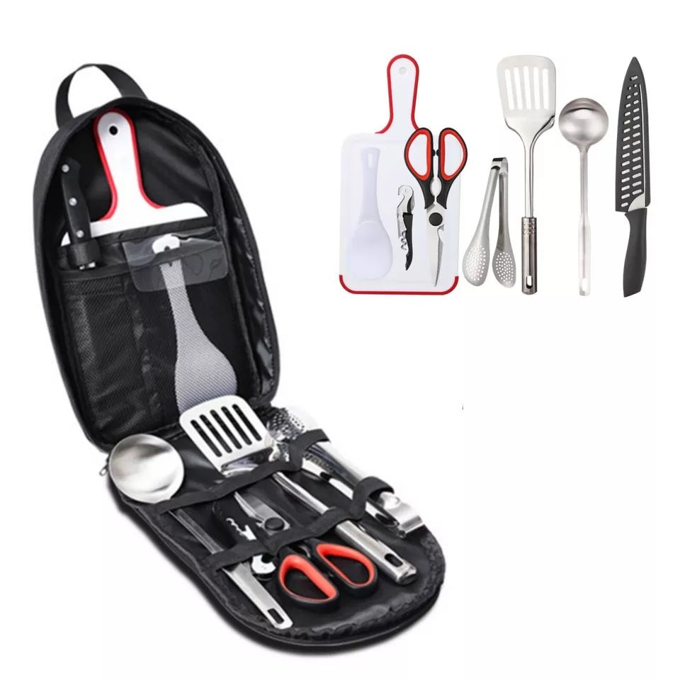 Camping Kochset – 8 - teiliges Camping Geschirr Set mit Besteck und Tragetasche - Less Goods