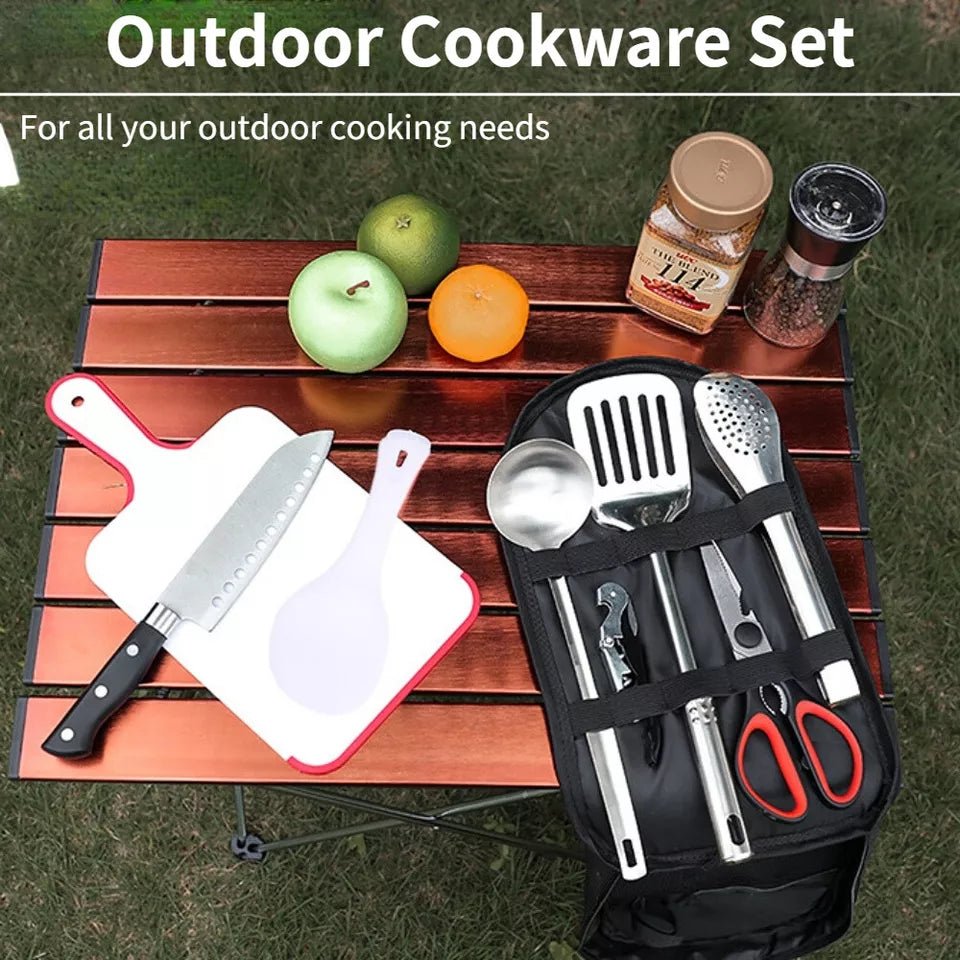 Camping Kochset – 8 - teiliges Camping Geschirr Set mit Besteck und Tragetasche - Less Goods