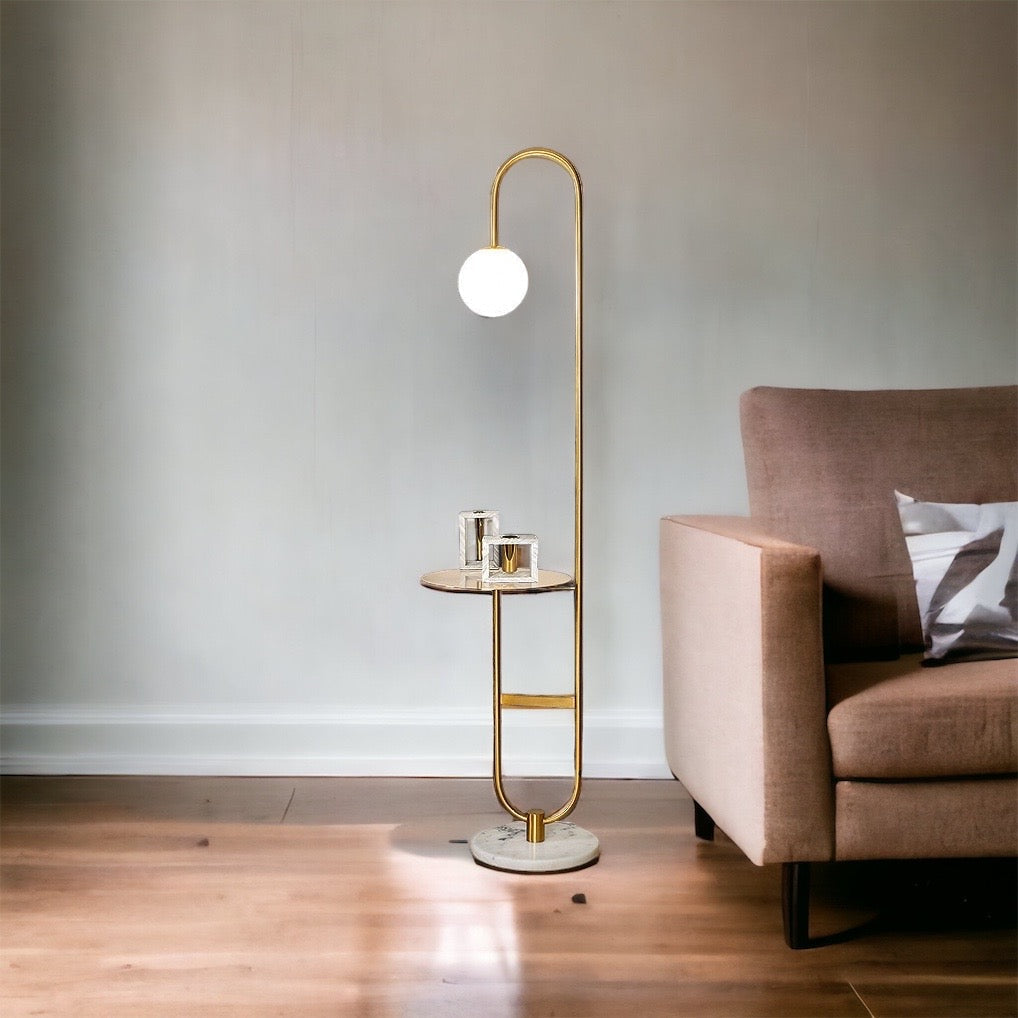 NordicGlow™ – Skandinavische Stehlampe mit integriertem Beistelltisch & LED-Dimmfunktion